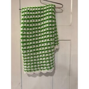 Handmade Crochet Scarf Green White Stripe Textured Fringe Edging
